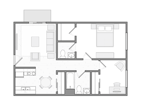 Floor plan for 2 beds, 1.5 baths, 659 sqft